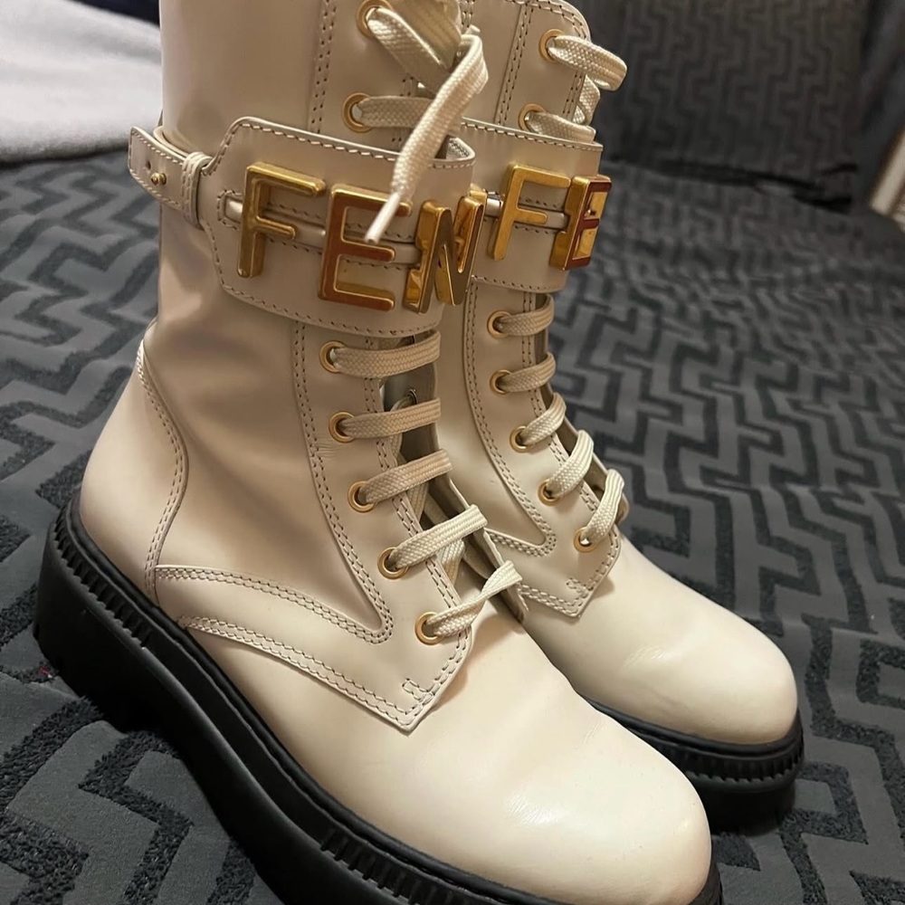 Fendi Women's White Combat Boots with Gold Accents